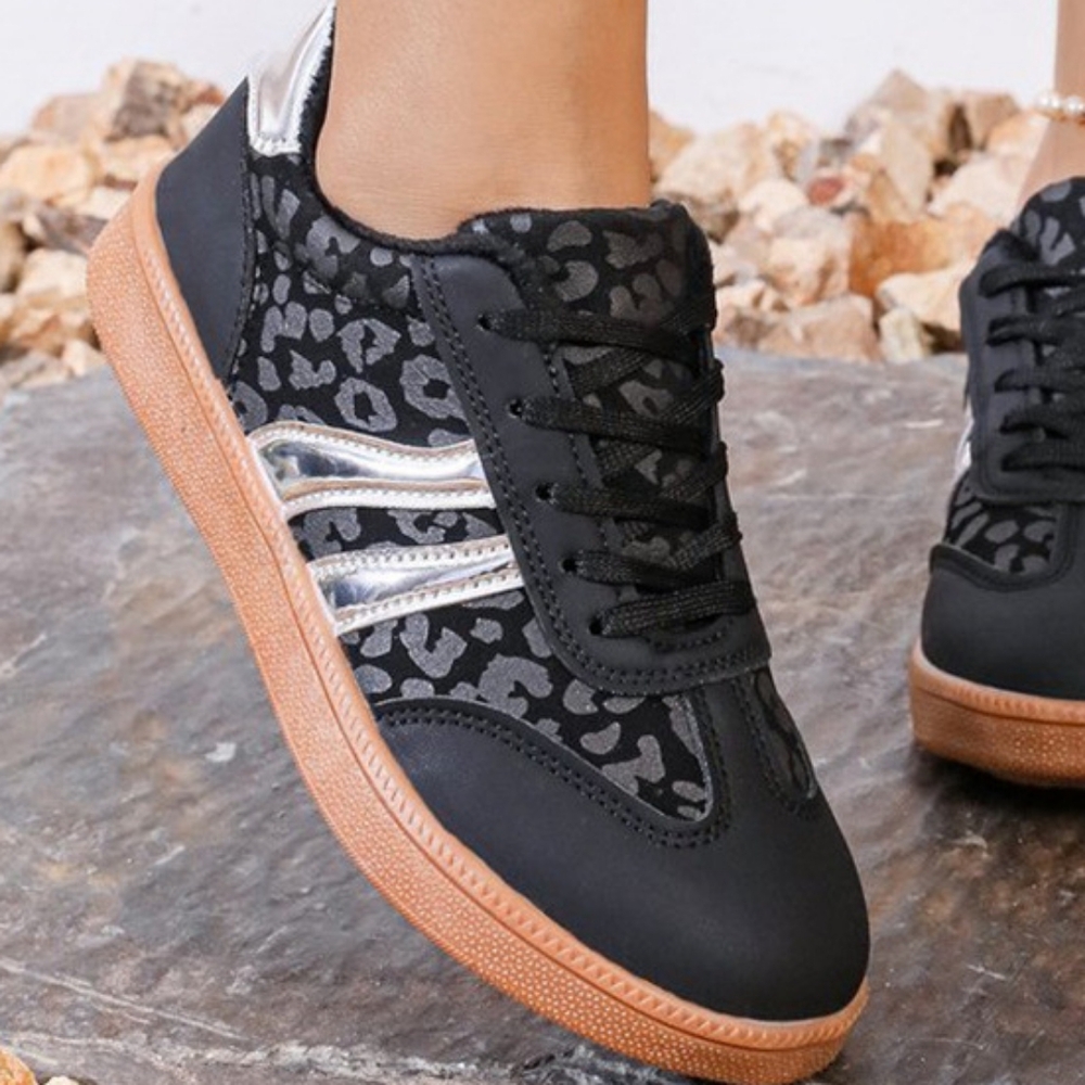 Contrasting Leopard Metallic Lace-up Sneakers Faux Leather Flat Athletic Shoes - Picture 3 of 8